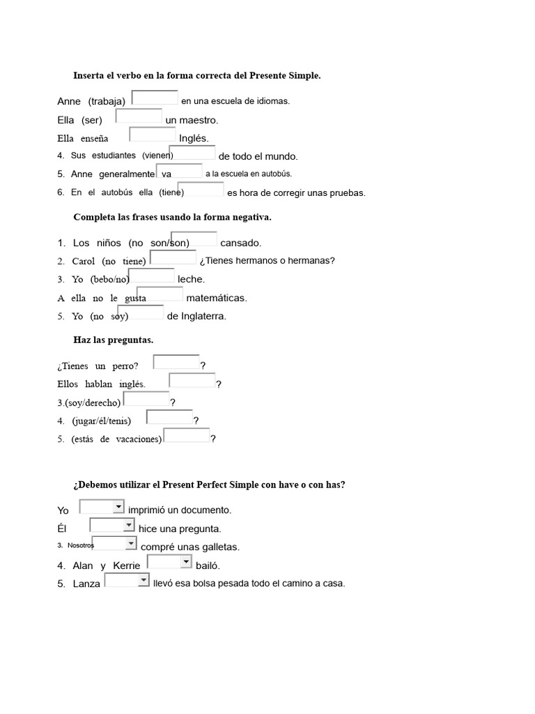Ejercicios de Presente Simple, Continuo y Perfecto | PDF