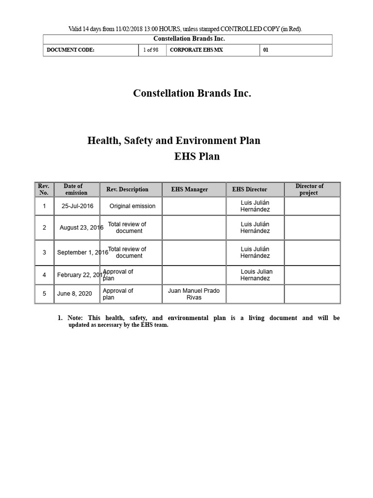 Constellation Brands EHS Plan Overview | PDF | Safety | Occupational ...
