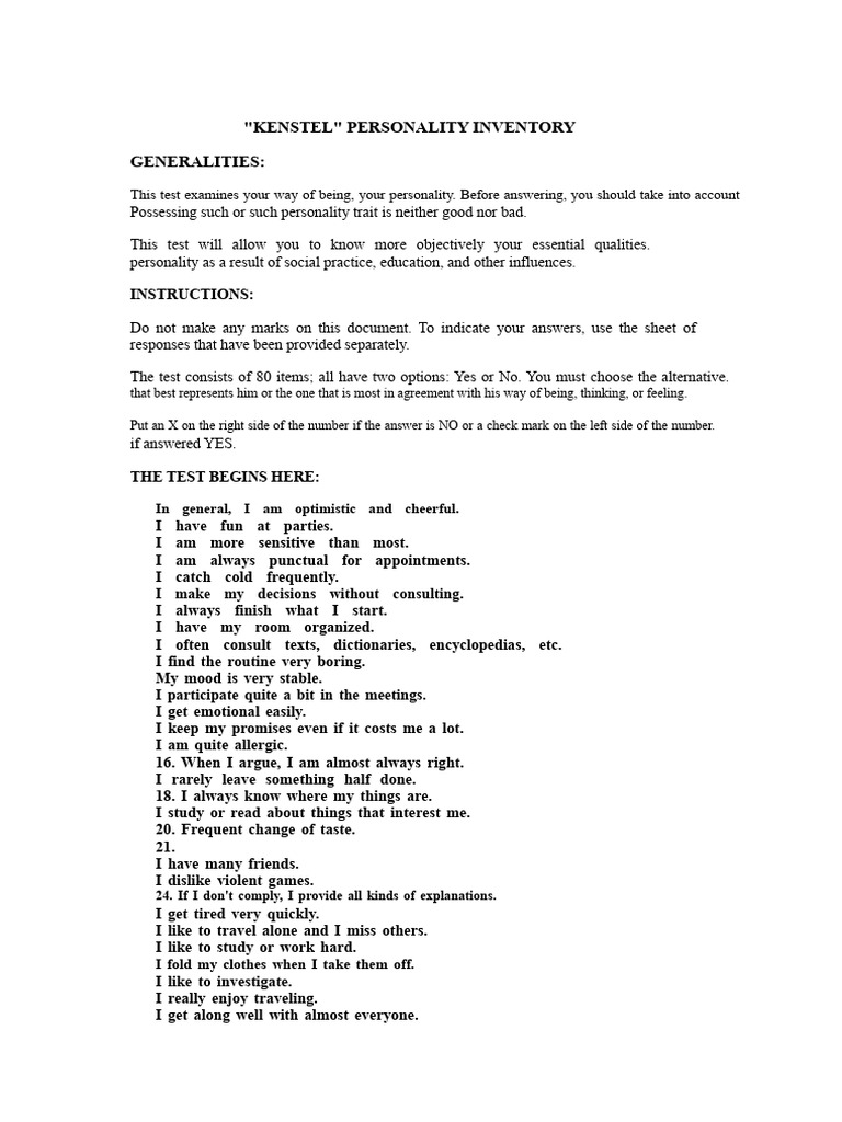 KENSTEL Personality Inventory Test | PDF | Psychology | Psychological ...
