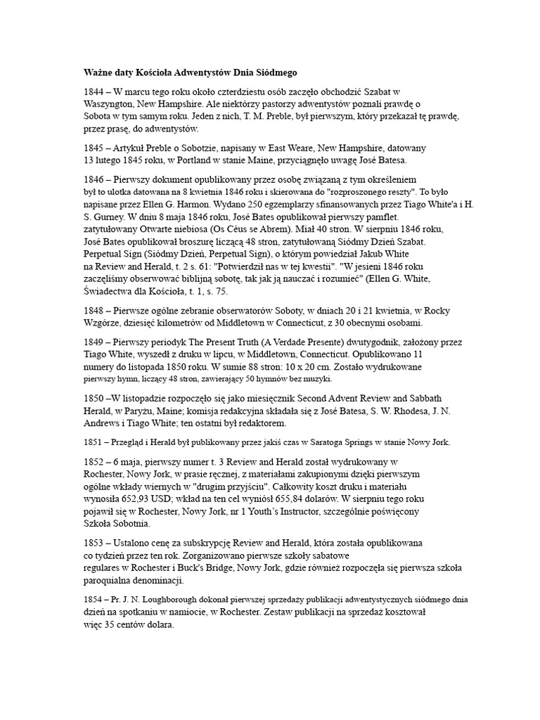 Ważne Daty Kościoła Adwentystów Dnia Siódmego | PDF