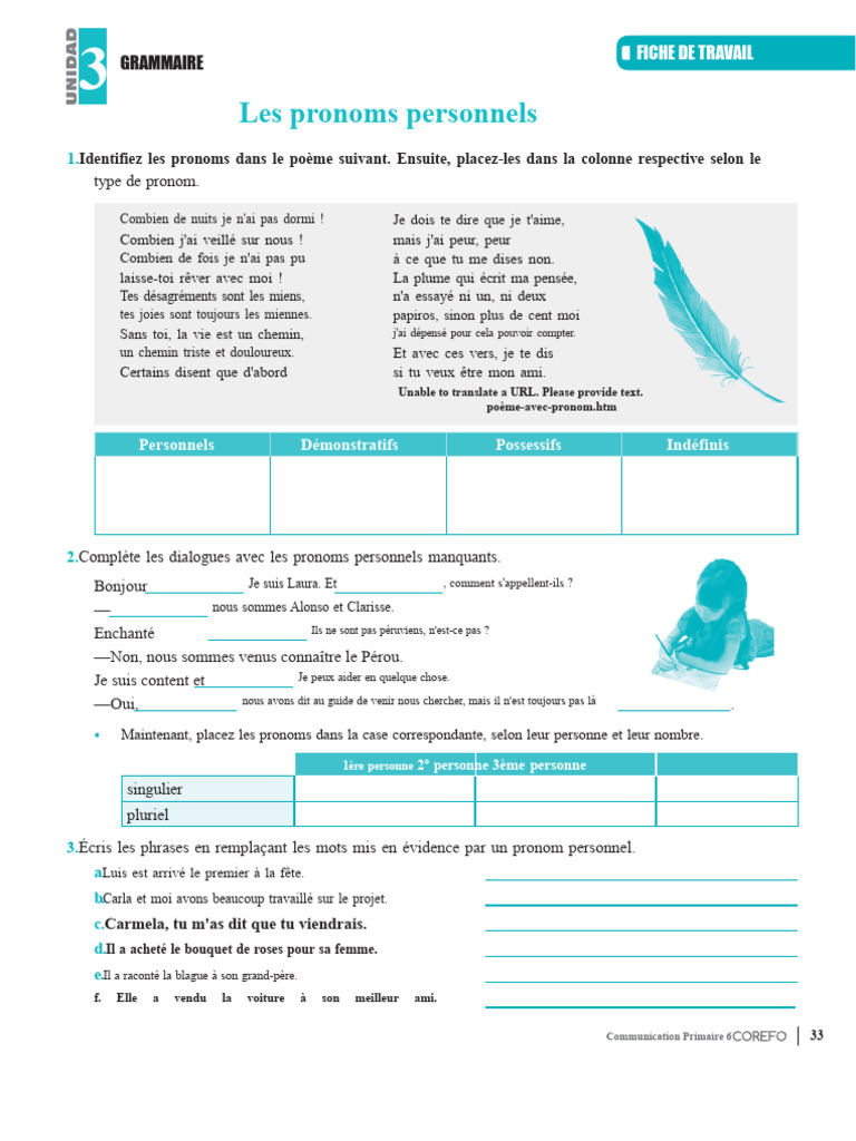 Pronoms personnels : exercices et analyses | PDF | Pronom | Typologie ...