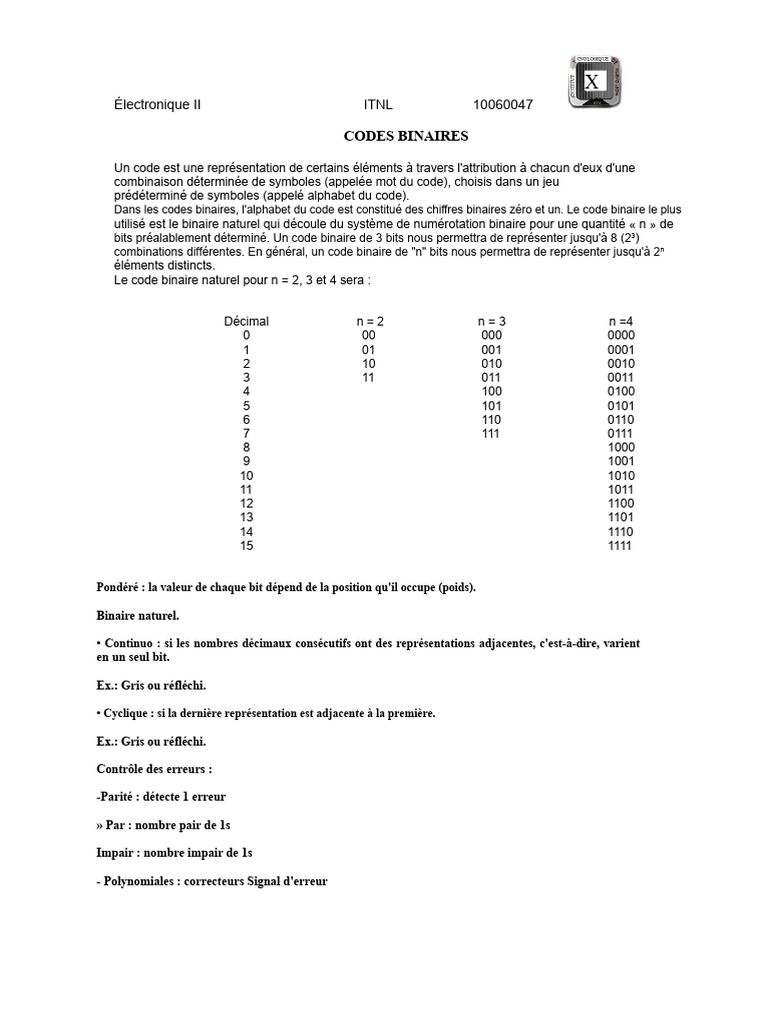 Codes binaires et conversions en électronique | PDF | Décimal codé ...