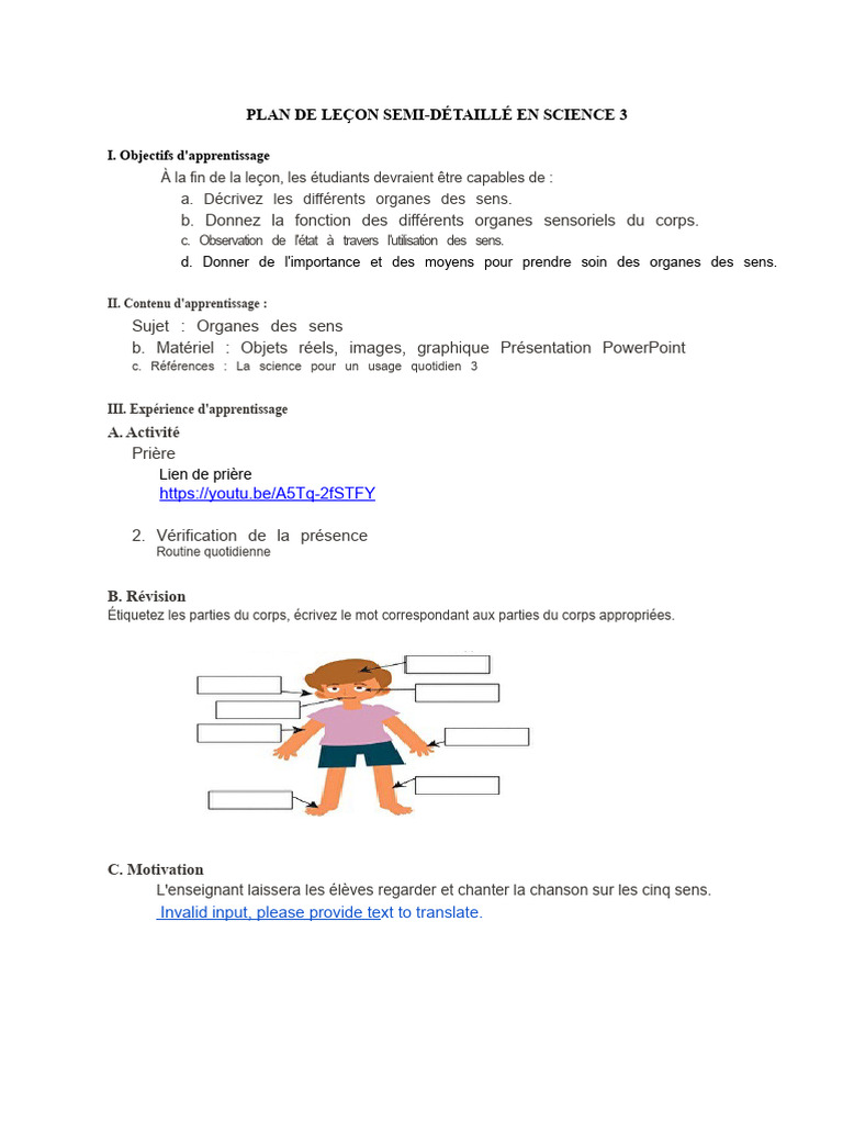 Plan de leçon sur les organes des sens | PDF | Sens (physiologie ...