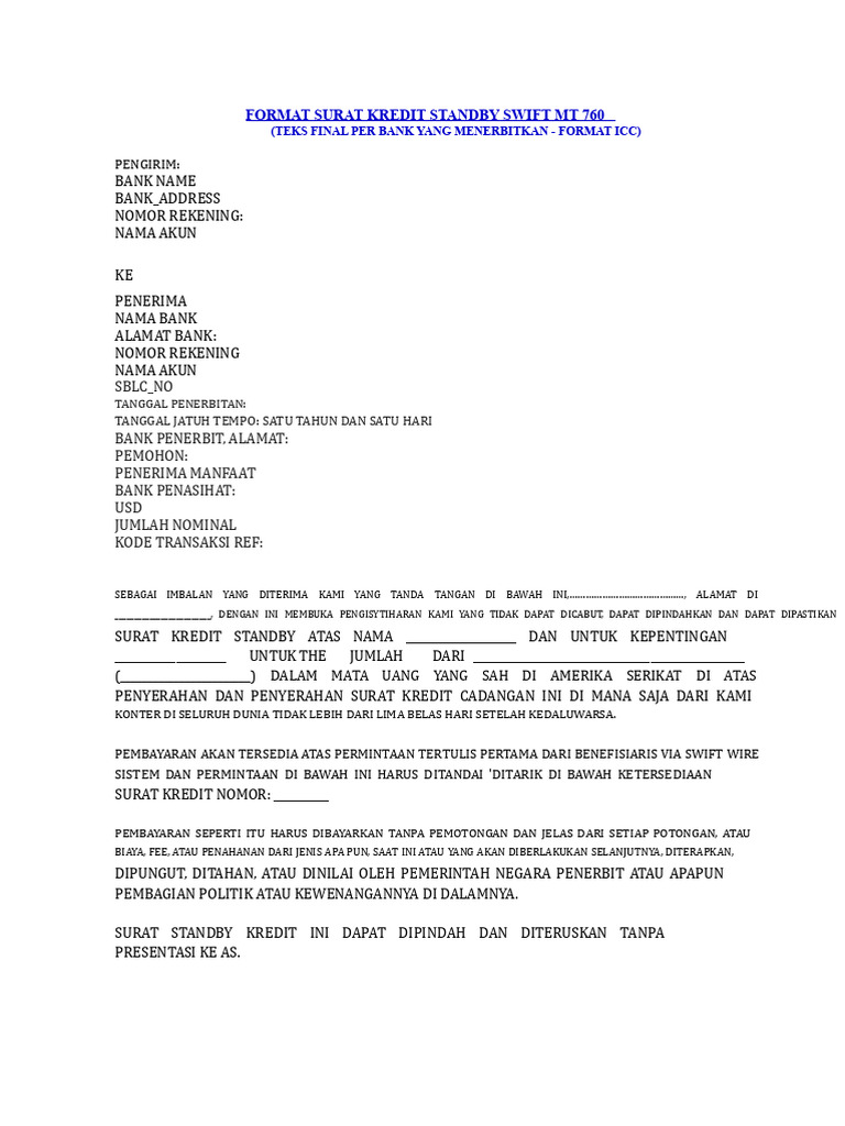 Format Surat Kredit Standby MT 760 | PDF