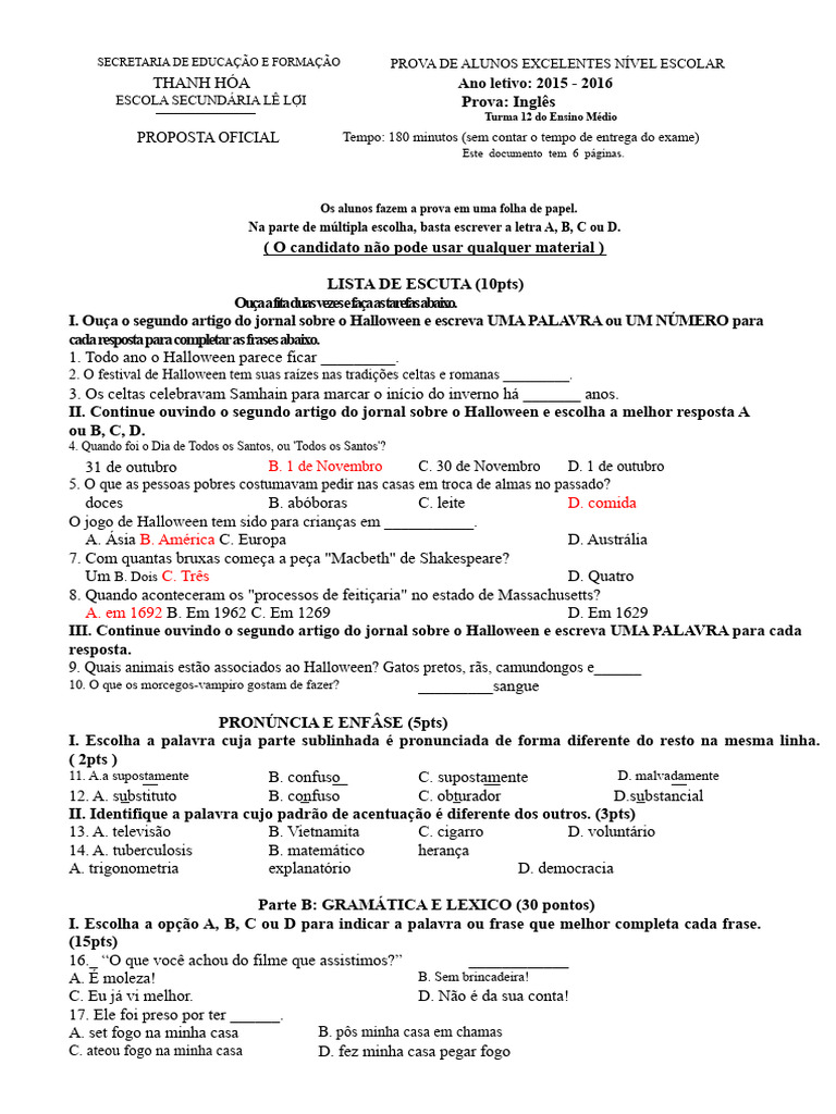 Prova de Inglês - Ensino Médio 2015-2016 | PDF | Civilização Maia | Caça