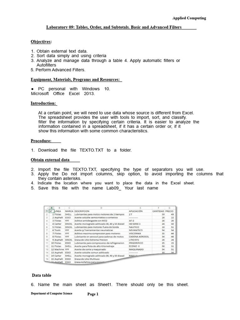 Lab S09 Tables, Order, Subtotals. Basic-Advanced Filter | PDF ...