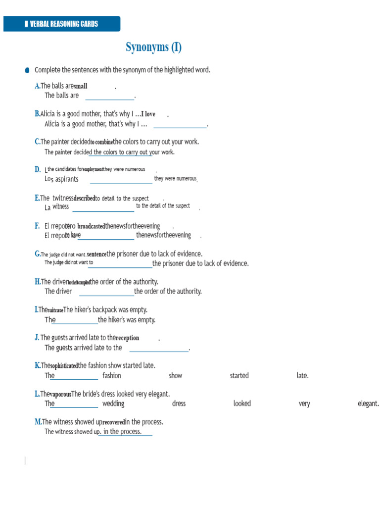 Verbal Reasoning Synonyms Practice Cards | PDF