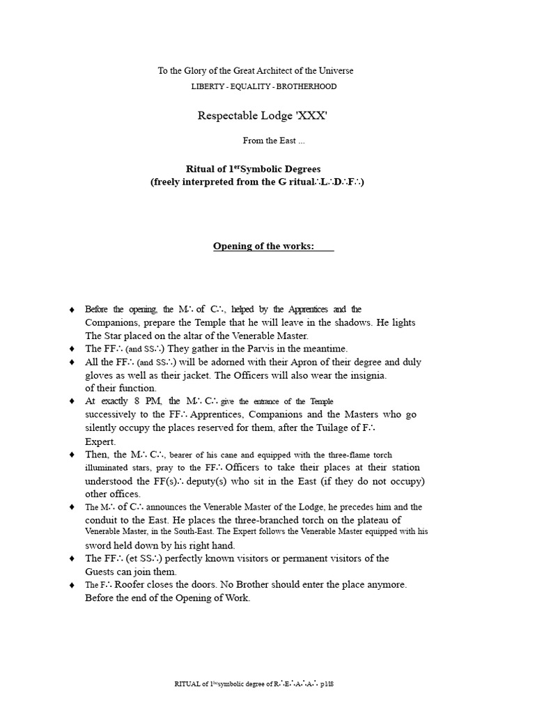 Ritual of the First Degree in Freemasonry | PDF | Masonic Lodge ...