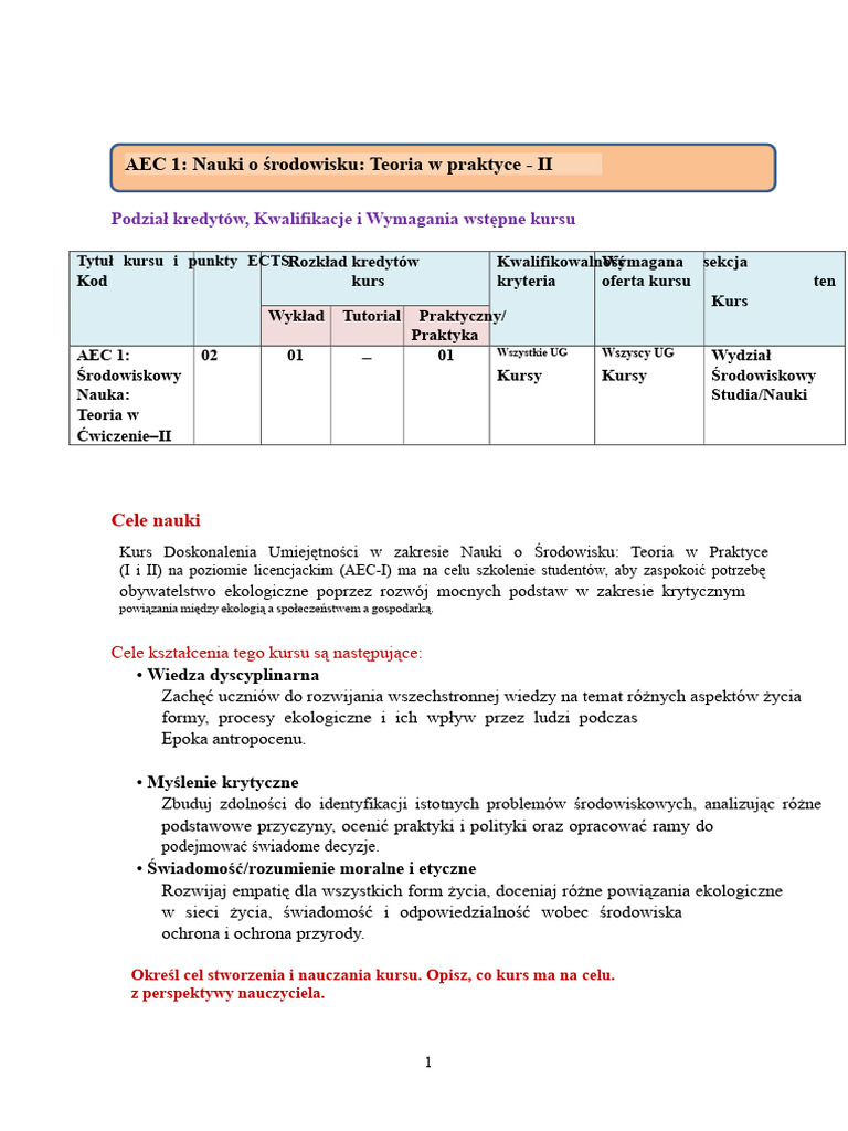 UGCF AEC 1 Teoria Nauki o Środowisku W Praktyce II Rok 2 | PDF