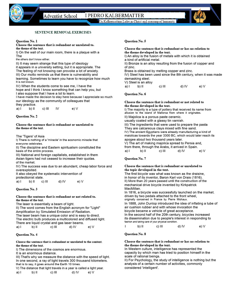 Sentence Removal Exercises Guide | PDF | Psychology | Information
