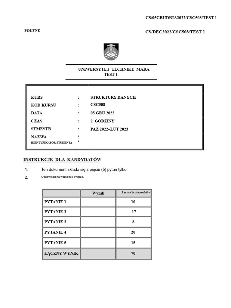 CSC508 Test1 05grudnia2022 Schemat Odpowiedzi PDF | PDF