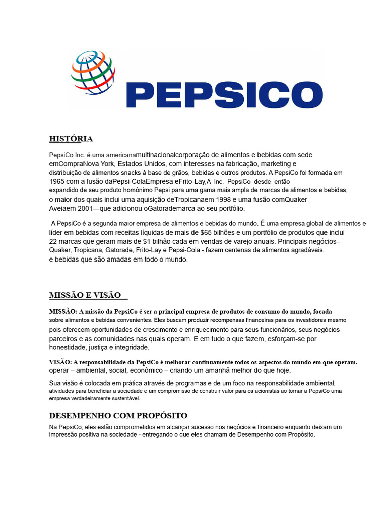 História e Valores da PepsiCo | PDF | Pepsi Co | Sustentabilidade
