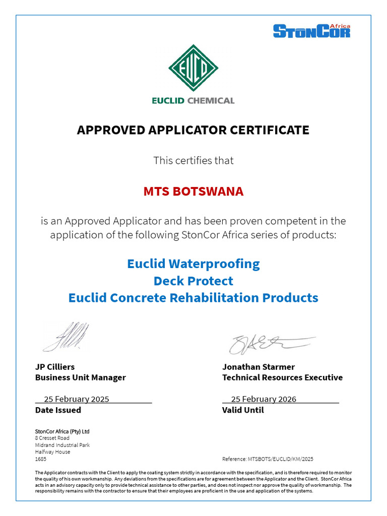 MTS Botswana Approved Applicator Certificate | PDF