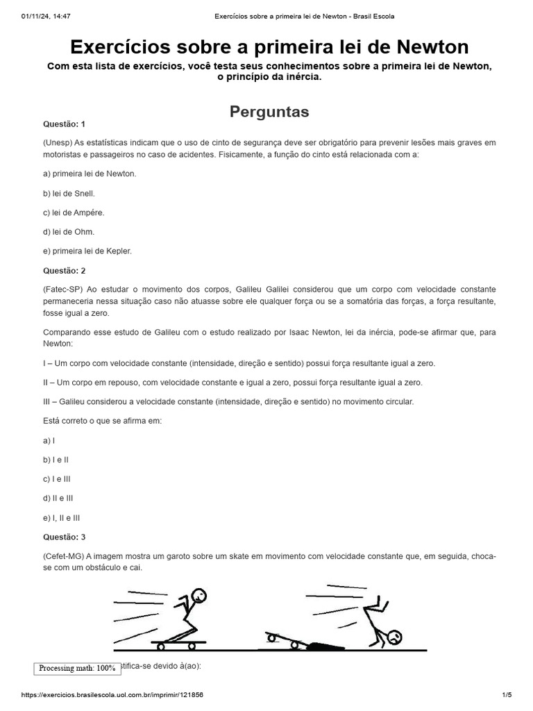 Exercícios sobre a Primeira Lei de Newton | PDF | Leis do Movimento de ...