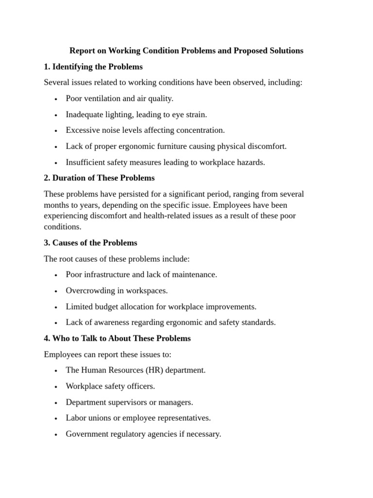 Report On Working Condition Problems and Proposed Solutions | PDF