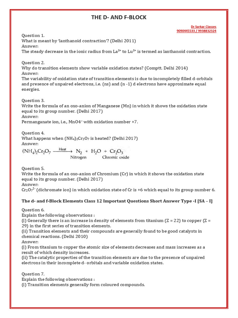 Important Questions For Class 12 Chemistry Chapter The D and F Block ...