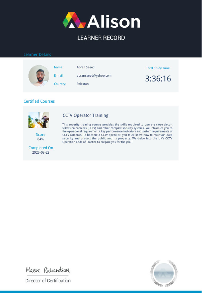 CCTV Operator Training Completion Details | PDF