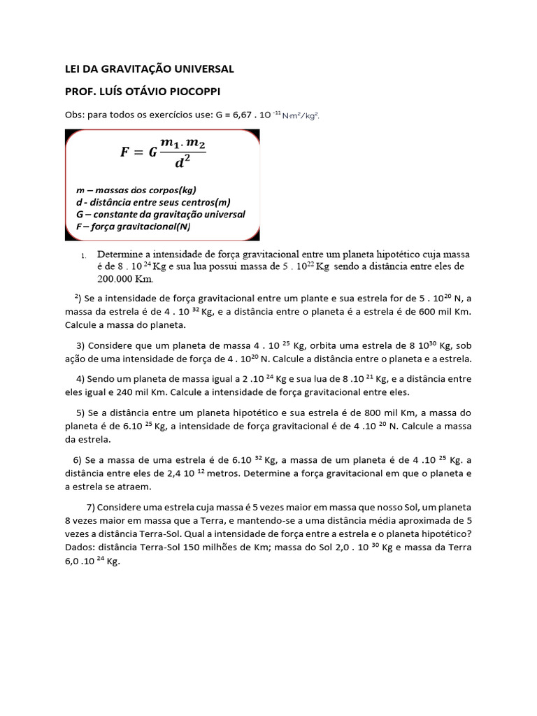 Cálculos da Lei da Gravitação Universal | PDF