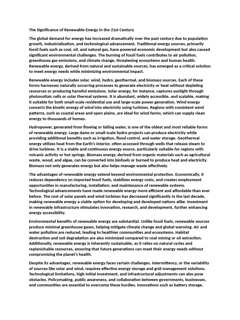 The Significance of Renewable Energy in The 21st Century | PDF ...