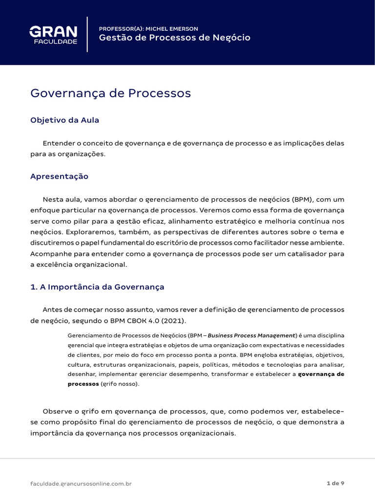 Governança de Processos de Negócio | PDF | Governança | Gestão de ...