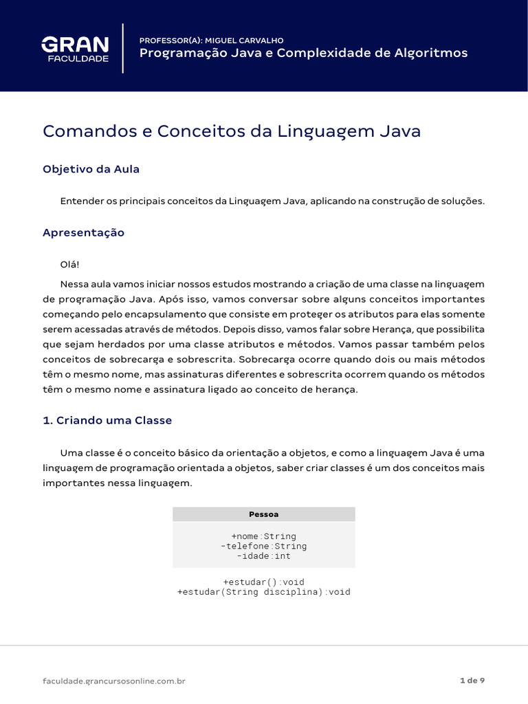 Conceitos Básicos de Java e OOP | PDF | Classe (programação de ...