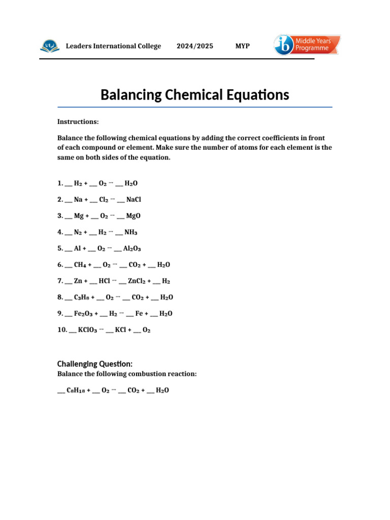 Balancing Chemical Equations Worksheet | PDF