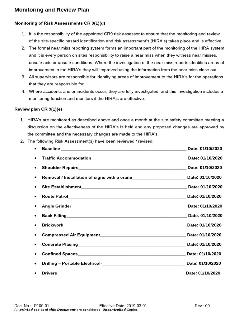 5.2. P100-01 Completed Monitoring and Review Plan For 2019 | PDF | Safety