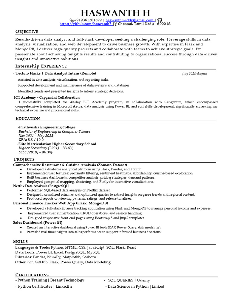 Data Analyst & Full-Stack Developer Resume | PDF | Postgre Sql | Data
