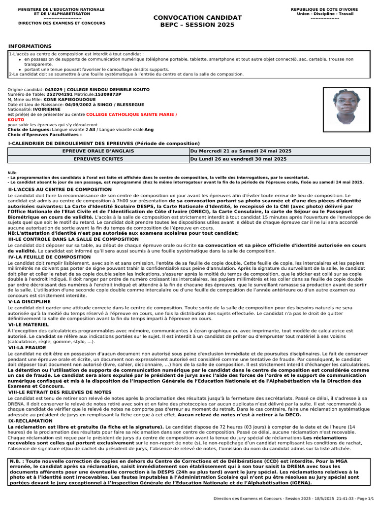 Convocation BEPC 2025 : Informations clés | PDF | Passeport | Informatique