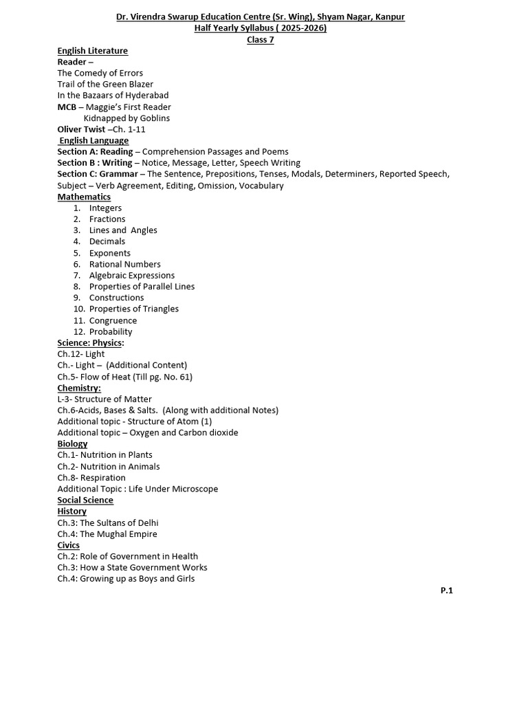 Class 7 Half Yearly Syllabus 2025-26 | PDF | English Language | Linguistics
