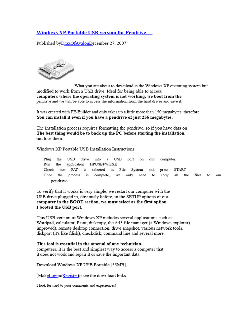 Windows XP Portable USB for Pendrive | PDF