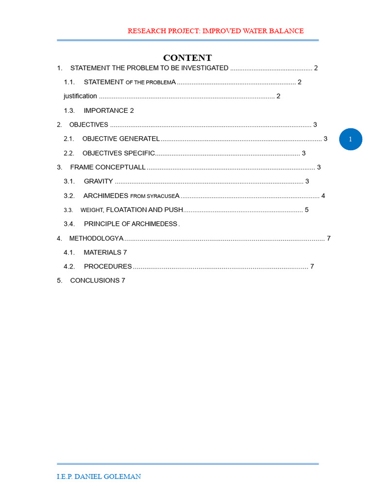 Improved Water Balance Research Project | PDF | Buoyancy | Weight