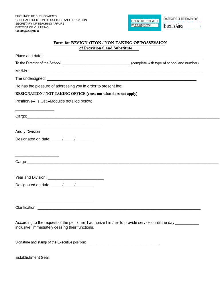Form For Resignations of Temporary and Substitute Staff | PDF