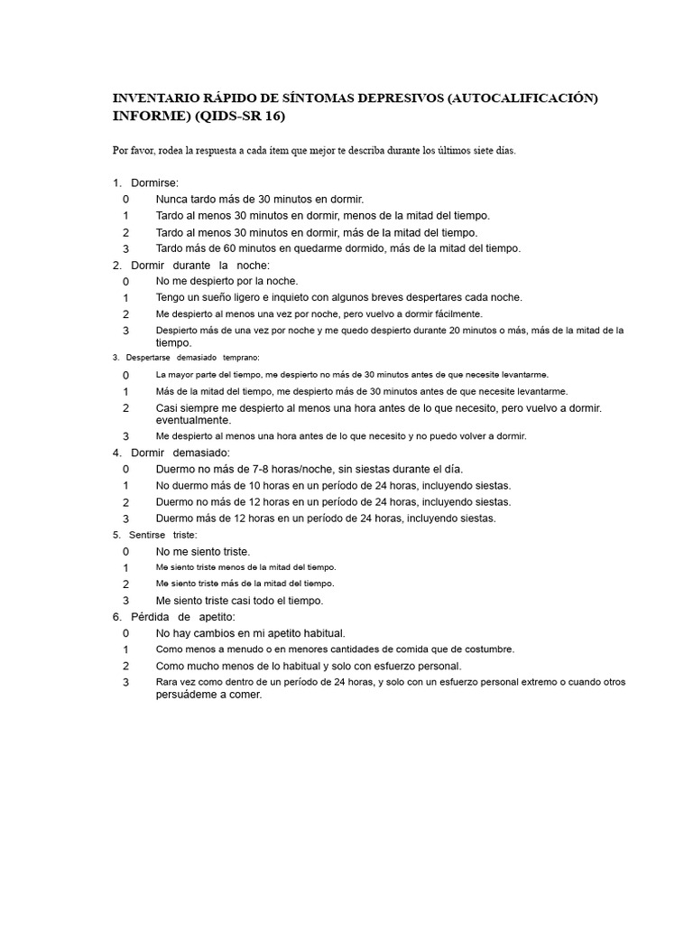 Inventario de Síntomas Depresivos QIDS-SR 16 | PDF | Depresión (estado ...