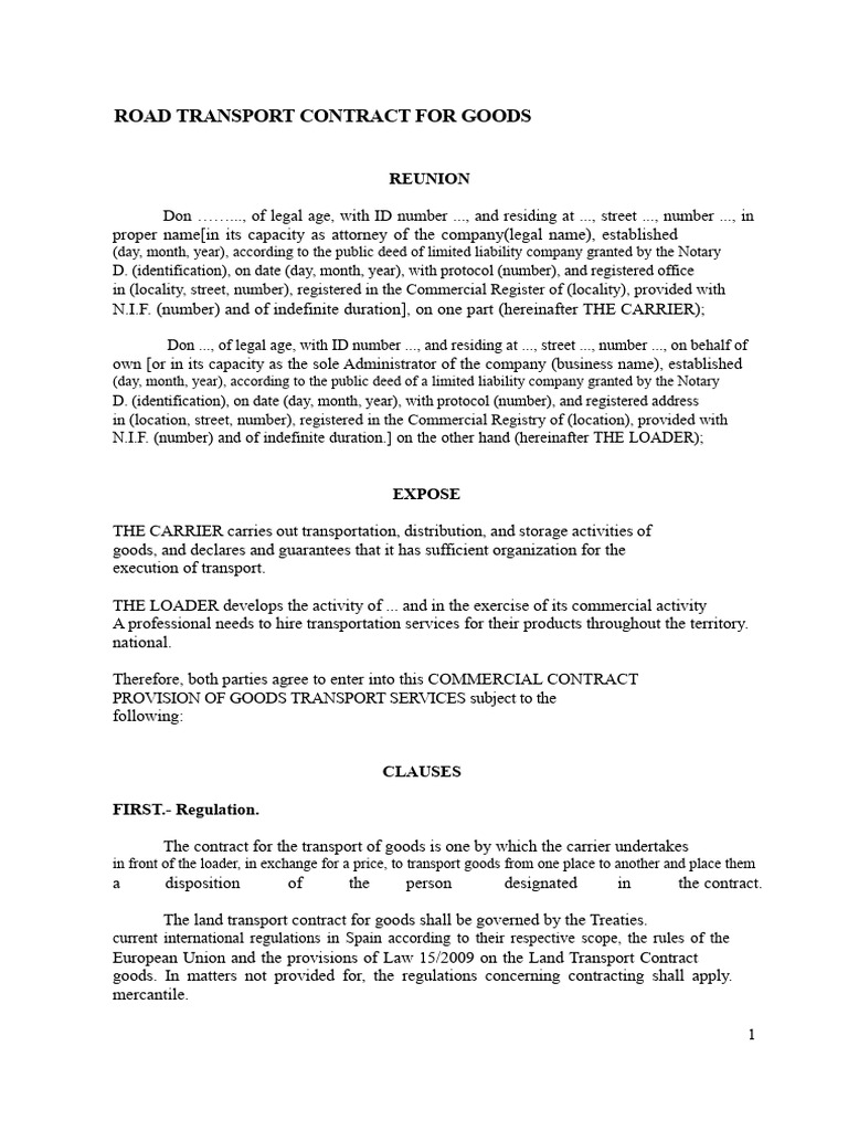 Road Transport Contract for Goods | PDF | Bill Of Lading | Cargo