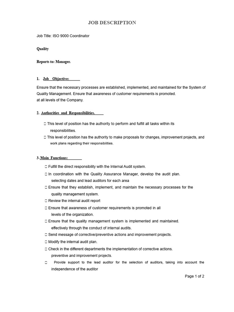 ISO 9000 Coordinator Job Overview | PDF | Audit | Internal Audit