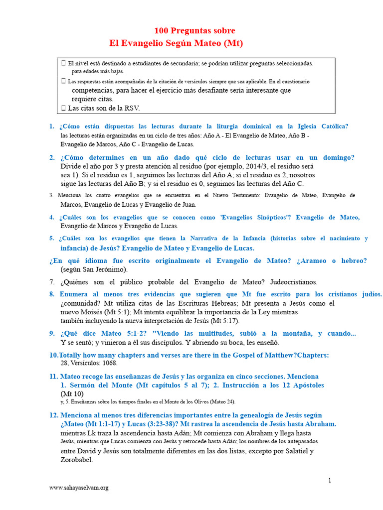 100 Preguntas sobre el Evangelio de Mateo | PDF | Evangelio de Mateo ...