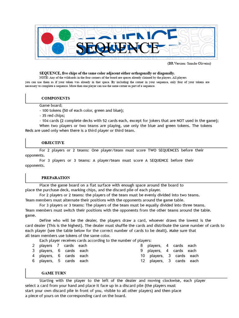 Sequence Rules for 2 Players | PDF | Consumer Goods | Board Games