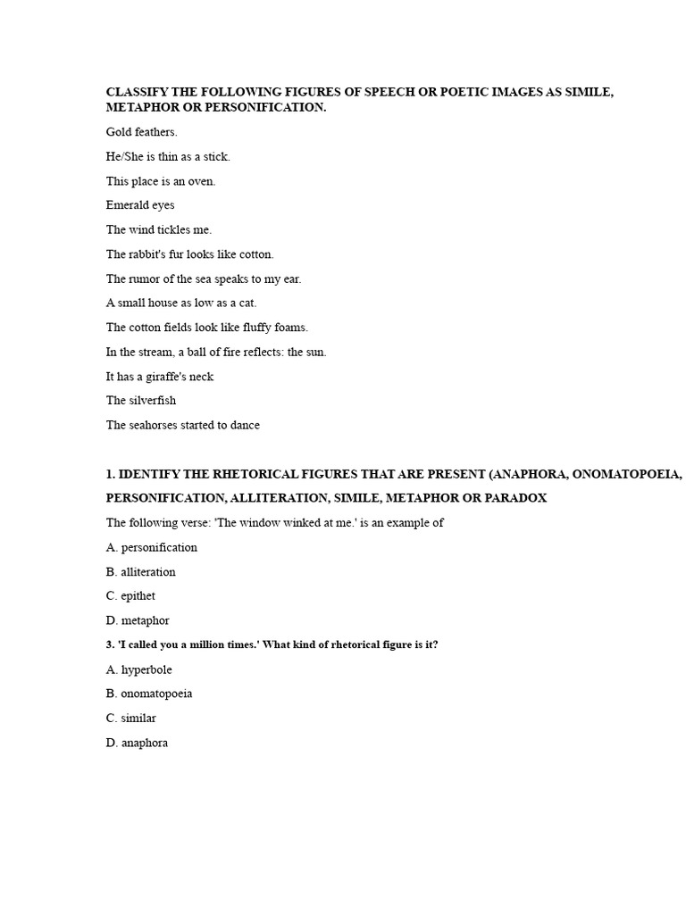 Classify The Following Literary Figures or Poetic Images As Similes ...