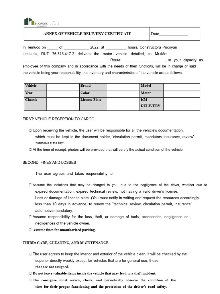 Vehicle Delivery Certificate Annex | PDF | Vehicles | Insurance