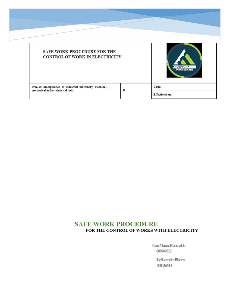 Safe Work Procedure for Electrical Risks | PDF | Insulator (Electricity ...