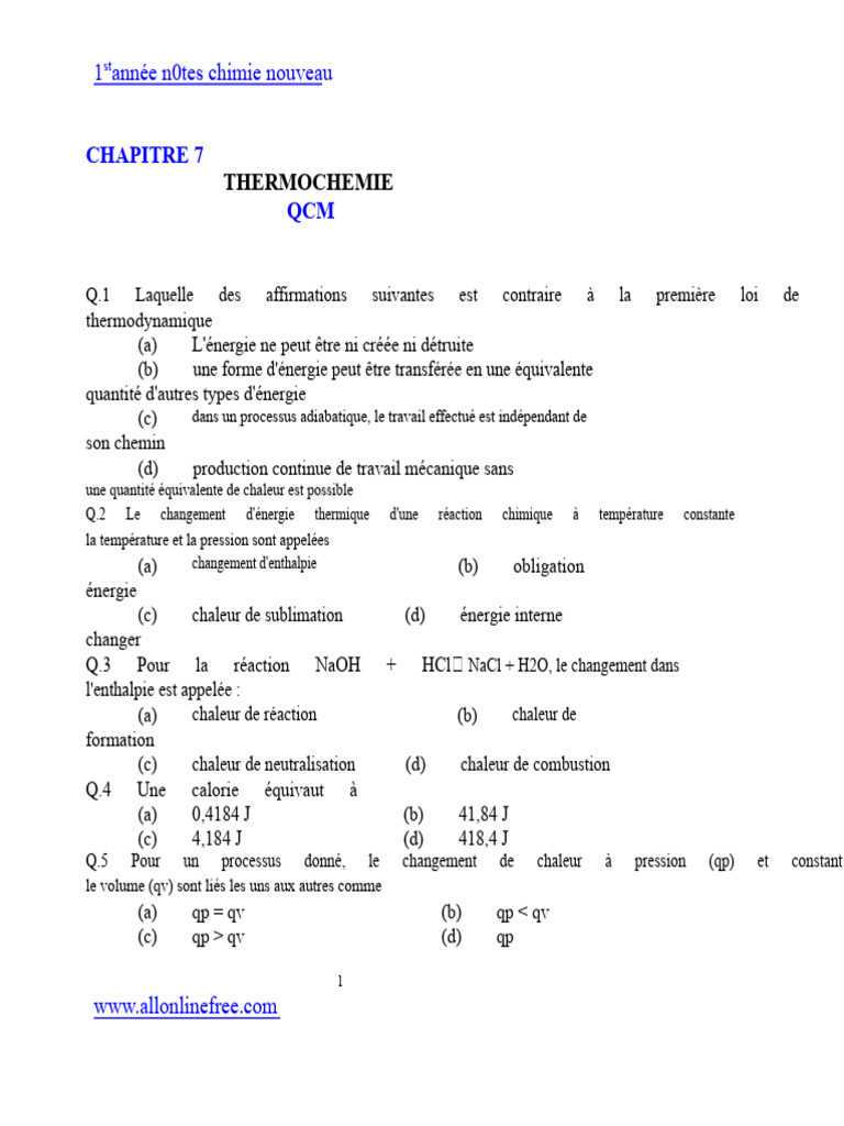 QCM sur la thermochimie en chimie | PDF | Enthalpie | Chaleur
