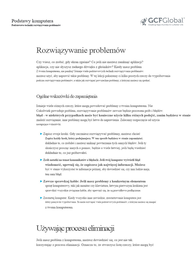Podstawy Komputera - Podstawowe Techniki Rozwiązywania Problemów | PDF