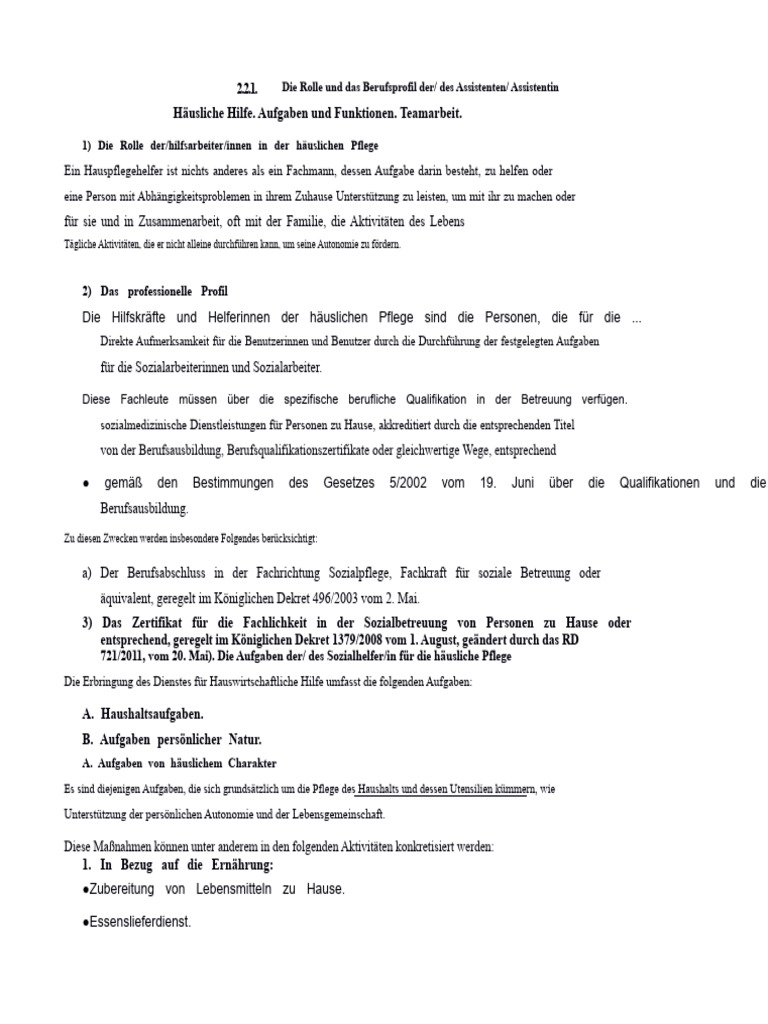 Die Rolle Und Das Berufsprofil Der Häuslichen Pflege | PDF