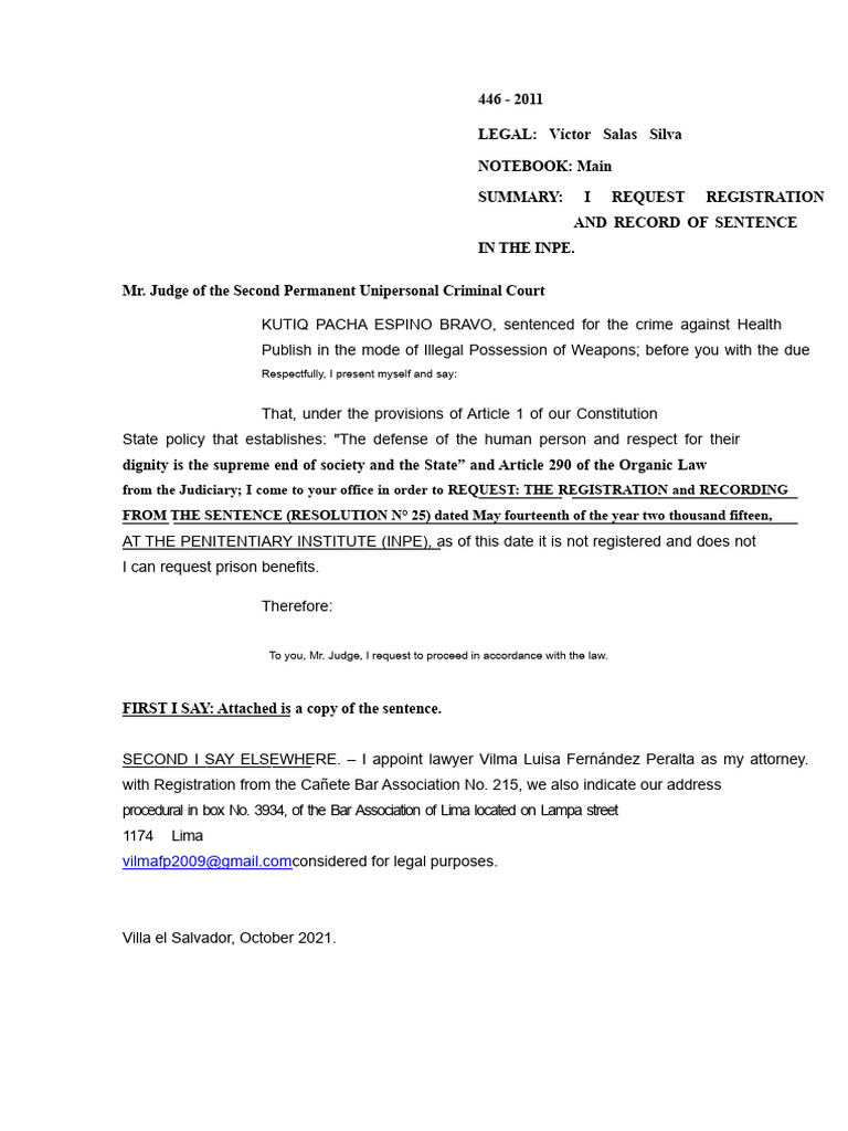 Written Application For Registration of Sentence Kutiq Pacha Espino ...