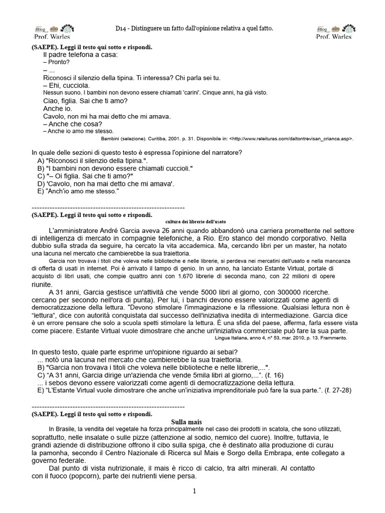 D14 (3 Serie - Scuola Superiore - L.P - BLOG Del Prof. Warles) | PDF