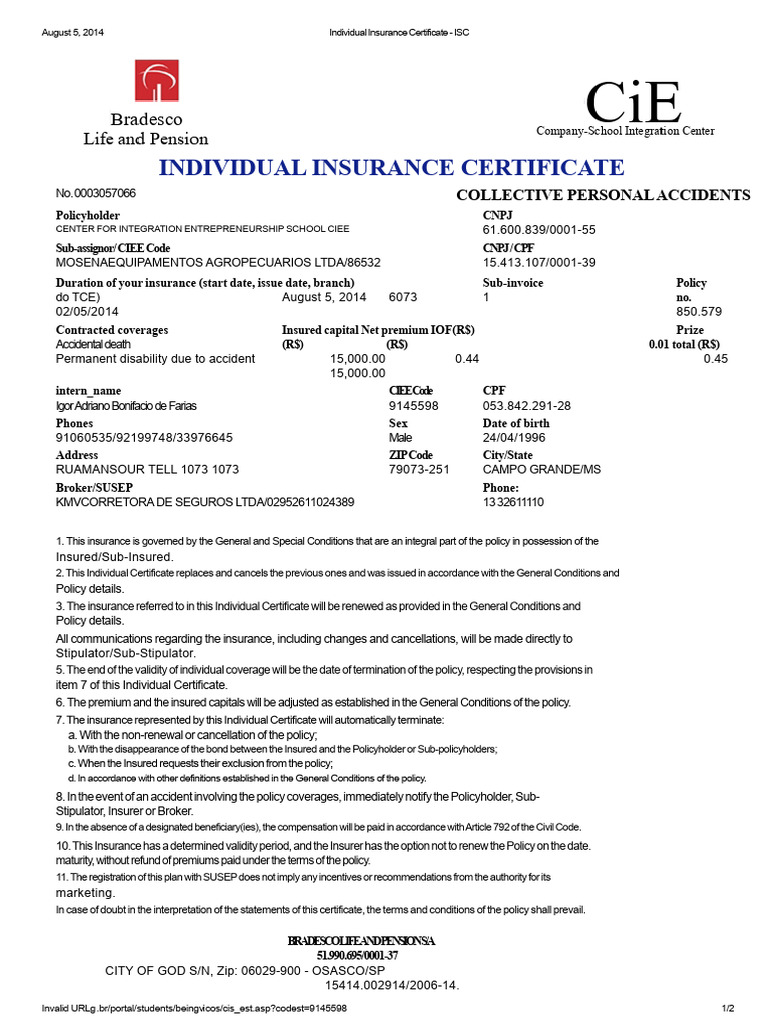 Individual Insurance Certificate Overview | PDF | Insurance | Financial ...