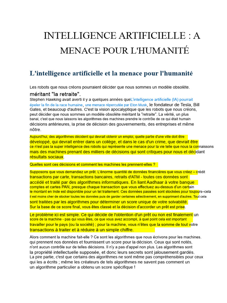 IA : Risques et Biais pour l'Humanité | PDF | Intelligence artificielle ...