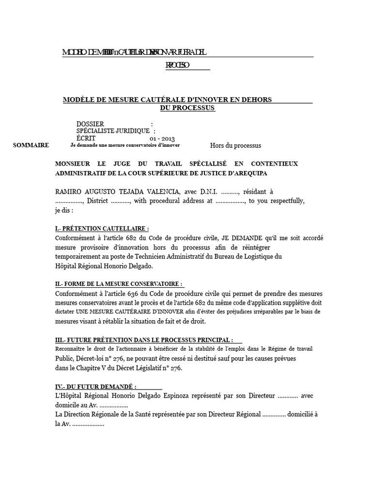 Modèle de Mesure Conservatoire D'innover Hors Du Procès | PDF | Justice ...