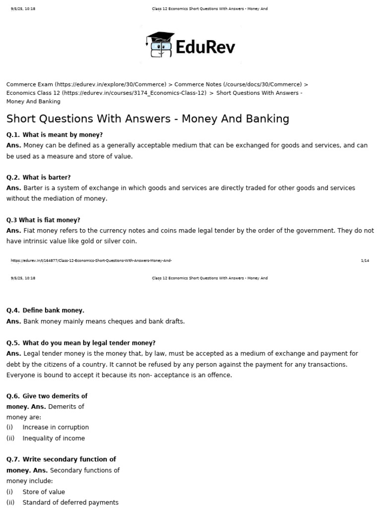 Class 12 Economics: Money & Banking Q&A | PDF | Money | Money Supply